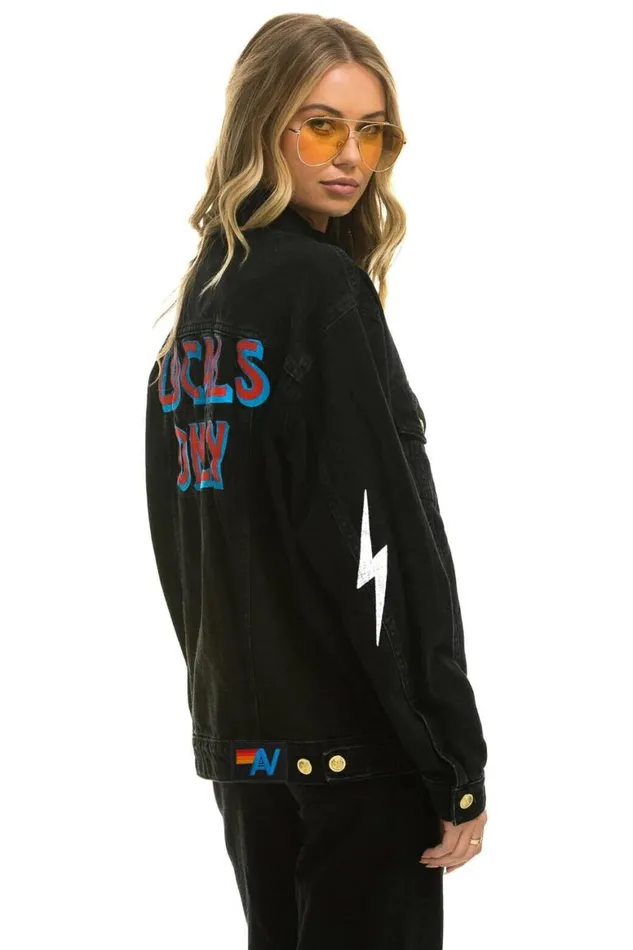 WomenMen Denim Aviator Nation Locals Only Oversized Concert Denim Jacket 8211 Vintage Black