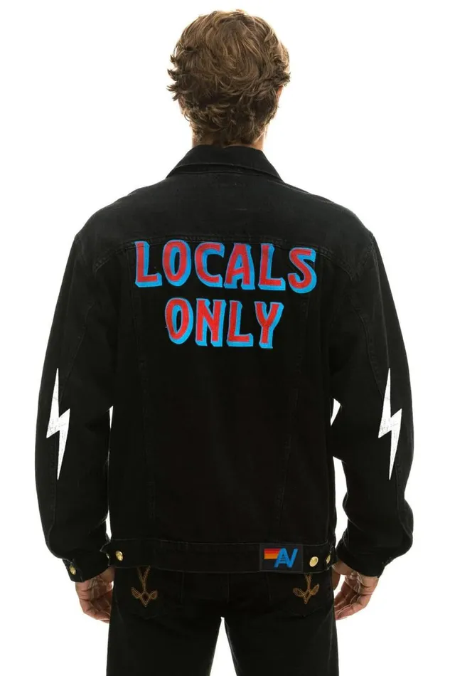 WomenMen Denim Aviator Nation Locals Only Oversized Concert Denim Jacket 8211 Vintage Black