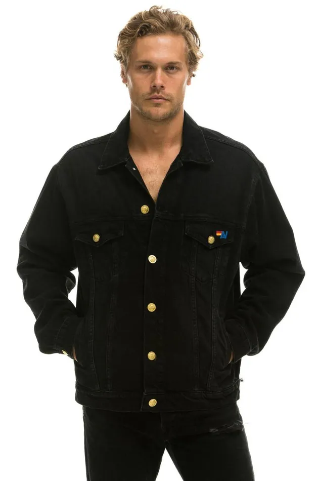 WomenMen Denim Aviator Nation Locals Only Oversized Concert Denim Jacket 8211 Vintage Black