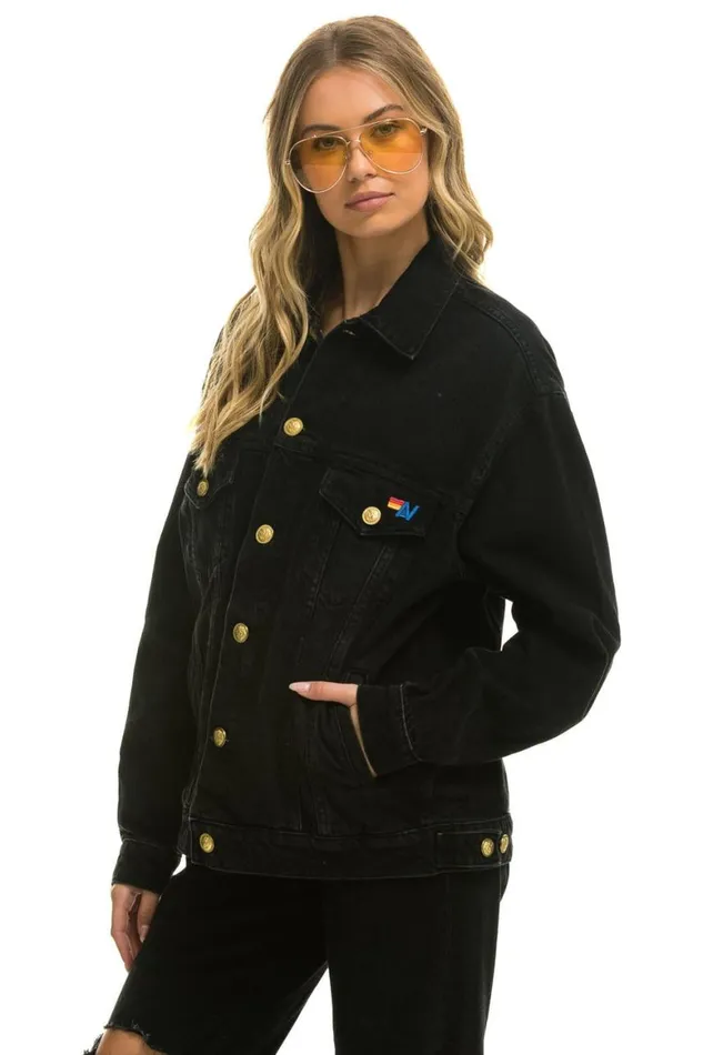 WomenMen Denim Aviator Nation Locals Only Oversized Concert Denim Jacket 8211 Vintage Black