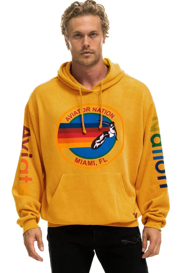 WomenMen Hoodies Aviator Nation Miami Relaxed Pullover Hoodie 8211 Gold