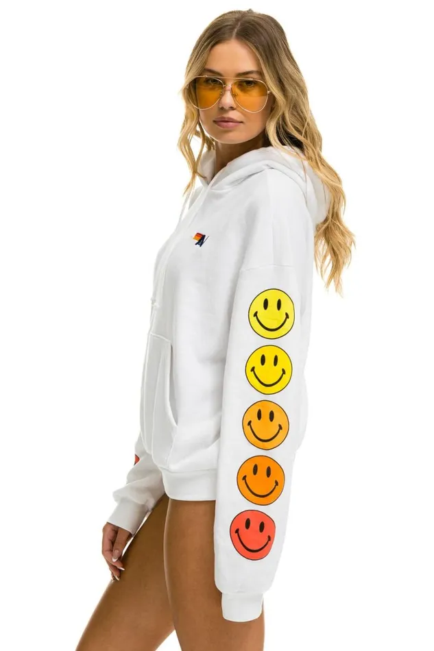 WomenMen Hoodies Aviator Nation Smiley Sunset Relaxed Pullover Hoodie 8211 White