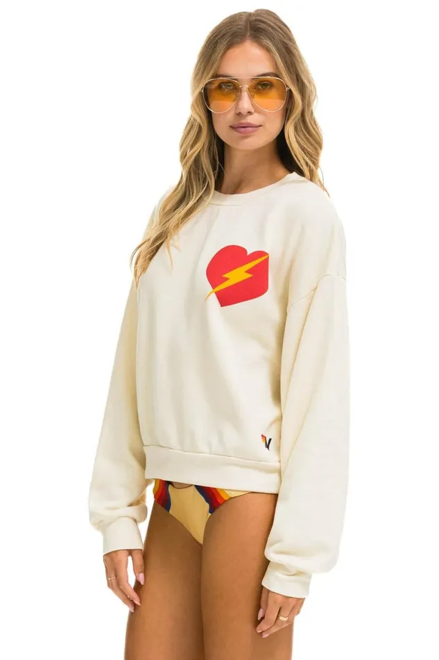 WomenMen Sweatshirts Aviator Nation Bolt Heart Relaxed Crew Sweatshirt 8211 Vintage White