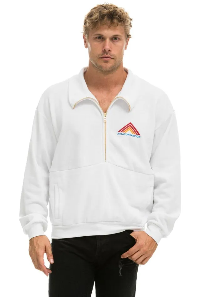 WomenMen Sweatshirts Aviator Nation Mountain Embroidery Half Zip Sweatshirt 8211 White