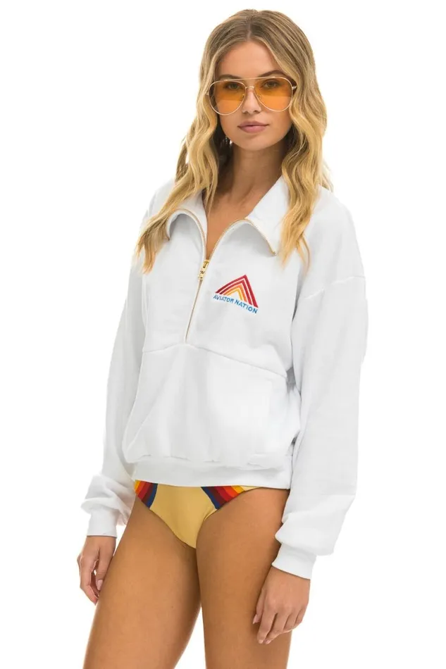 WomenMen Sweatshirts Aviator Nation Mountain Embroidery Half Zip Sweatshirt 8211 White