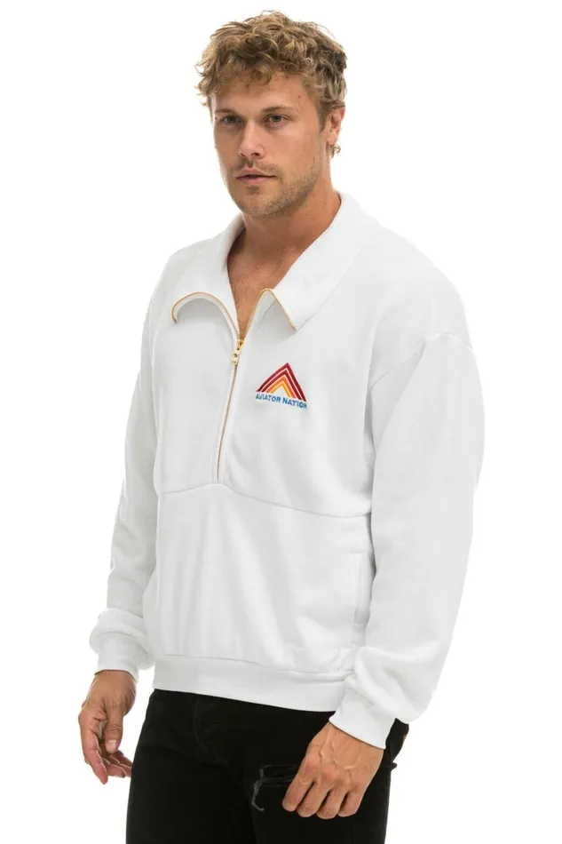 WomenMen Sweatshirts Aviator Nation Mountain Embroidery Half Zip Sweatshirt 8211 White