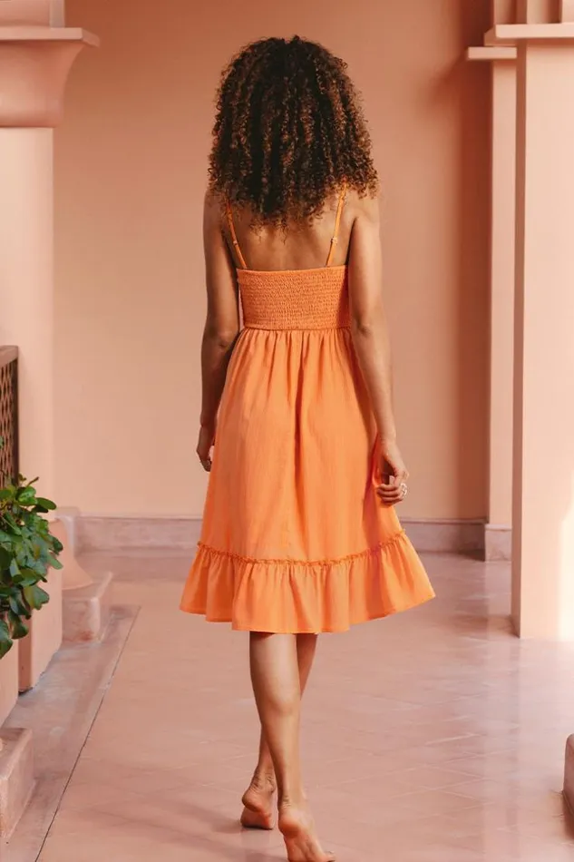 Women Midi Dresses Cupshe Adalyn Orange Smocked Ruffle Trim Dress Orange