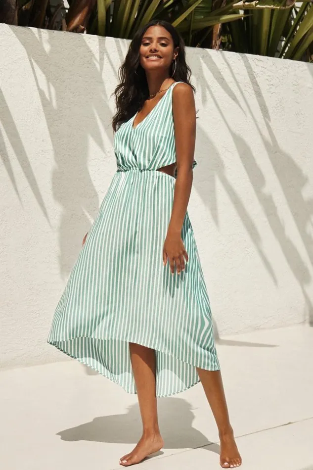 Women Midi Dresses Cupshe Aileen Striped Back Tie Maxi Dress Green