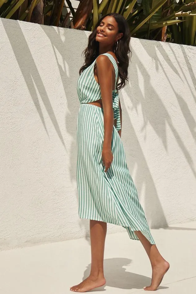 Women Midi Dresses Cupshe Aileen Striped Back Tie Maxi Dress Green