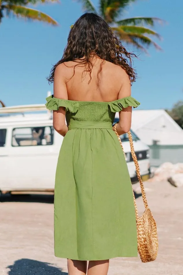 Women Midi Dresses Cupshe Alejandra Green Off Shoulder Ruffle Tea Length Dress Green