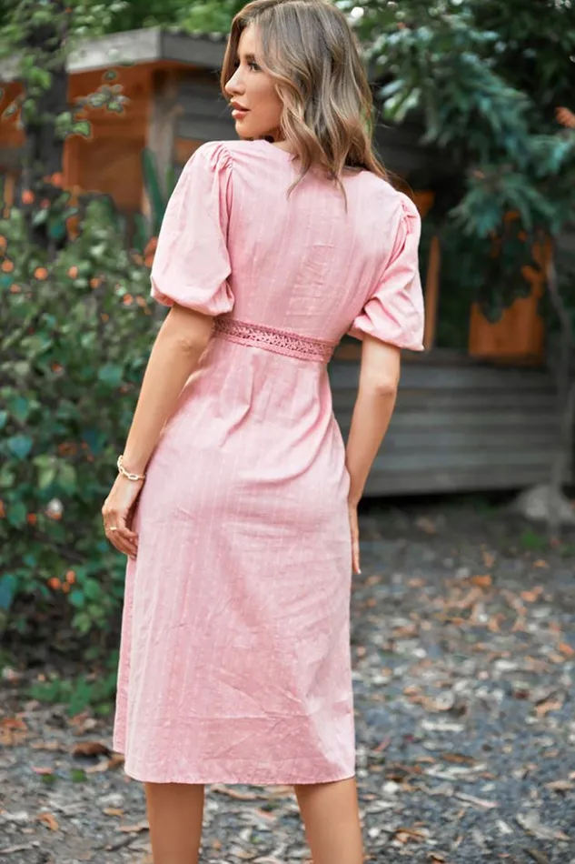 Women Midi Dresses Cupshe Harriet Bubble Sleeve Ruching AShape Dress Pink