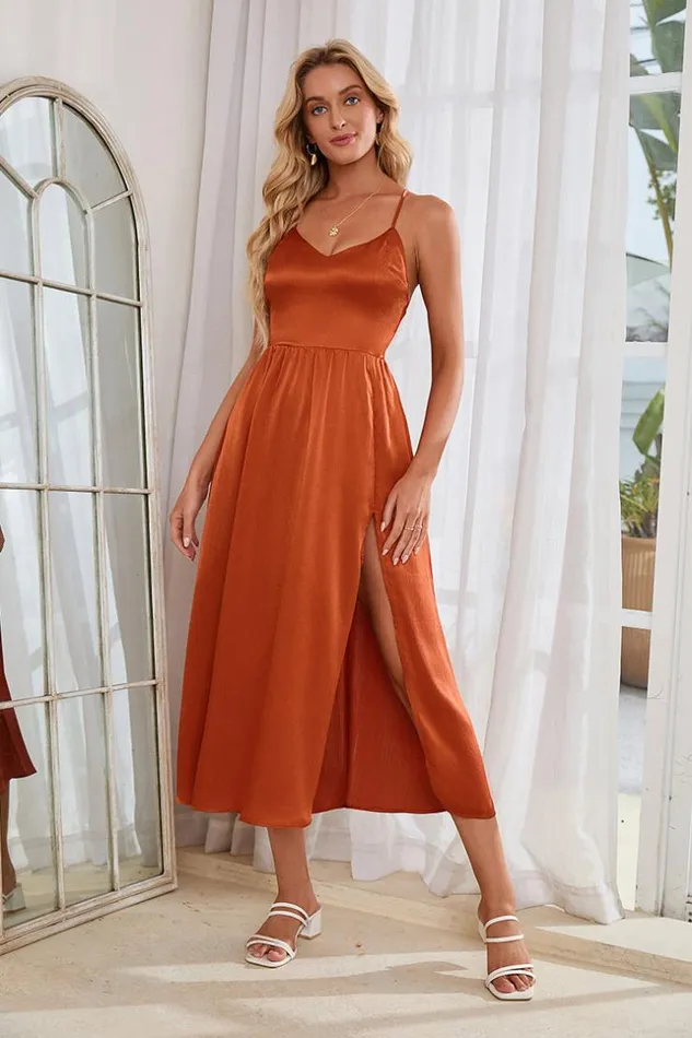 Women Midi Dresses Cupshe Kayli Backless Elastic Waist AShape Dresses Red
