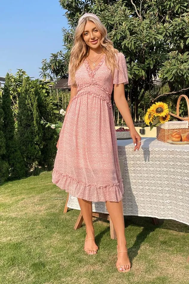 Women Midi Dresses Cupshe Shakira Vneck Flared Sleeve AShape Dress Pink