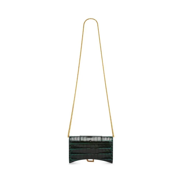 Women Mini Bags Balenciaga Hourglass Wallet On Chain Crocodile Embossed In Forest Green