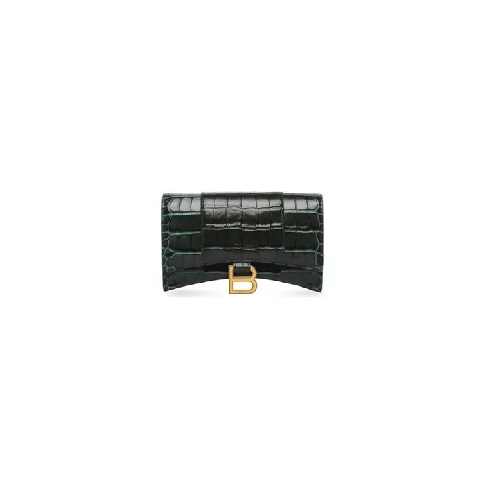 Women Mini Bags Balenciaga Hourglass Wallet On Chain Crocodile Embossed In Forest Green