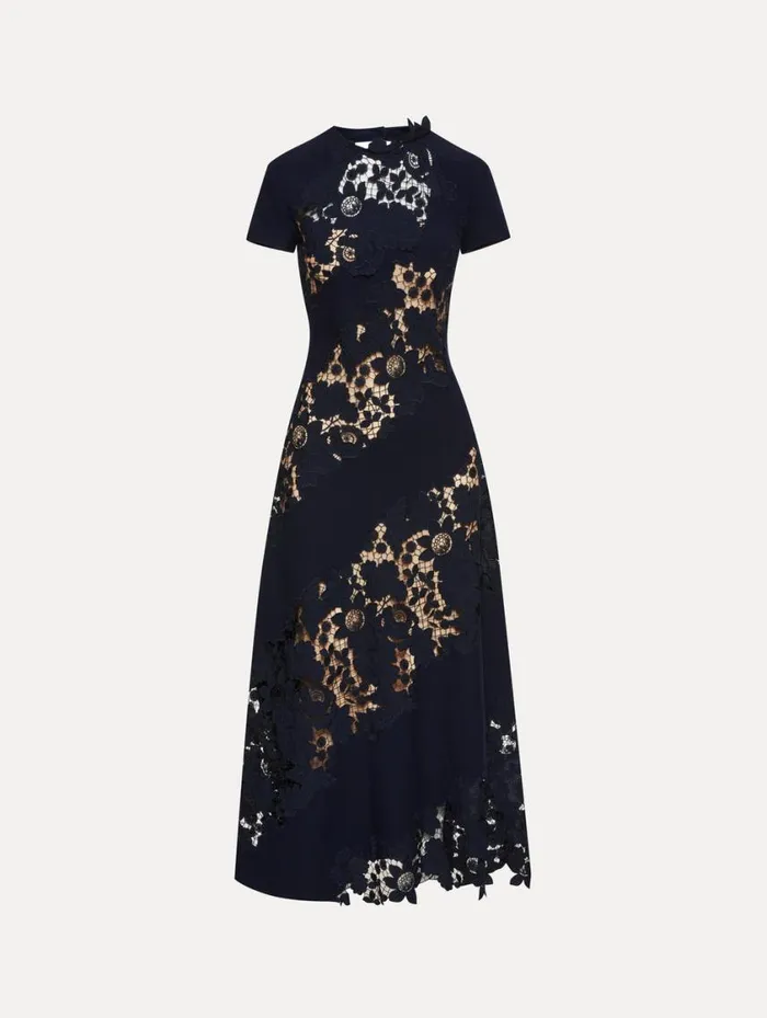Women Mixed Botanical Guipure Inset Midi Dress Navy Oscar De La Renta Dresses
