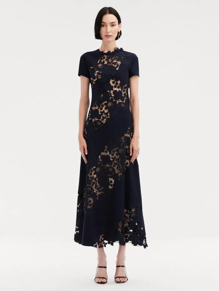 Women Mixed Botanical Guipure Inset Midi Dress Navy Oscar De La Renta Dresses Women Mixed Botanical Guipure Inset Midi Dress Navy Oscar De La Renta Dresses