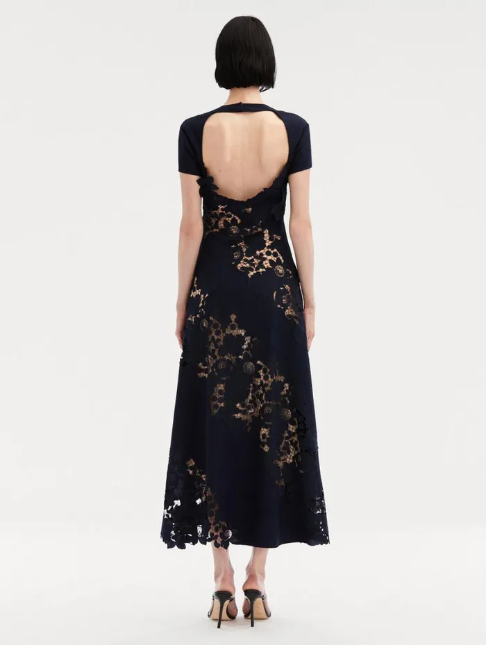Women Mixed Botanical Guipure Inset Midi Dress Navy Oscar De La Renta Dresses Women Mixed Botanical Guipure Inset Midi Dress Navy Oscar De La Renta Dresses