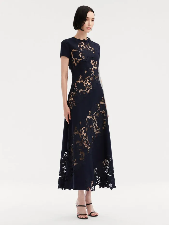 Women Mixed Botanical Guipure Inset Midi Dress Navy Oscar De La Renta Dresses Women Mixed Botanical Guipure Inset Midi Dress Navy Oscar De La Renta Dresses
