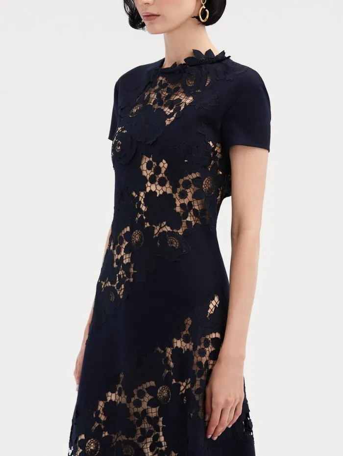 Women Mixed Botanical Guipure Inset Midi Dress Navy Oscar De La Renta Dresses Women Mixed Botanical Guipure Inset Midi Dress Navy Oscar De La Renta Dresses