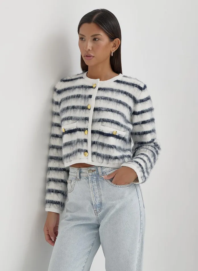 Women Navy And Cream Stripe Cardigan Janae 4th and Reckless Knitwear