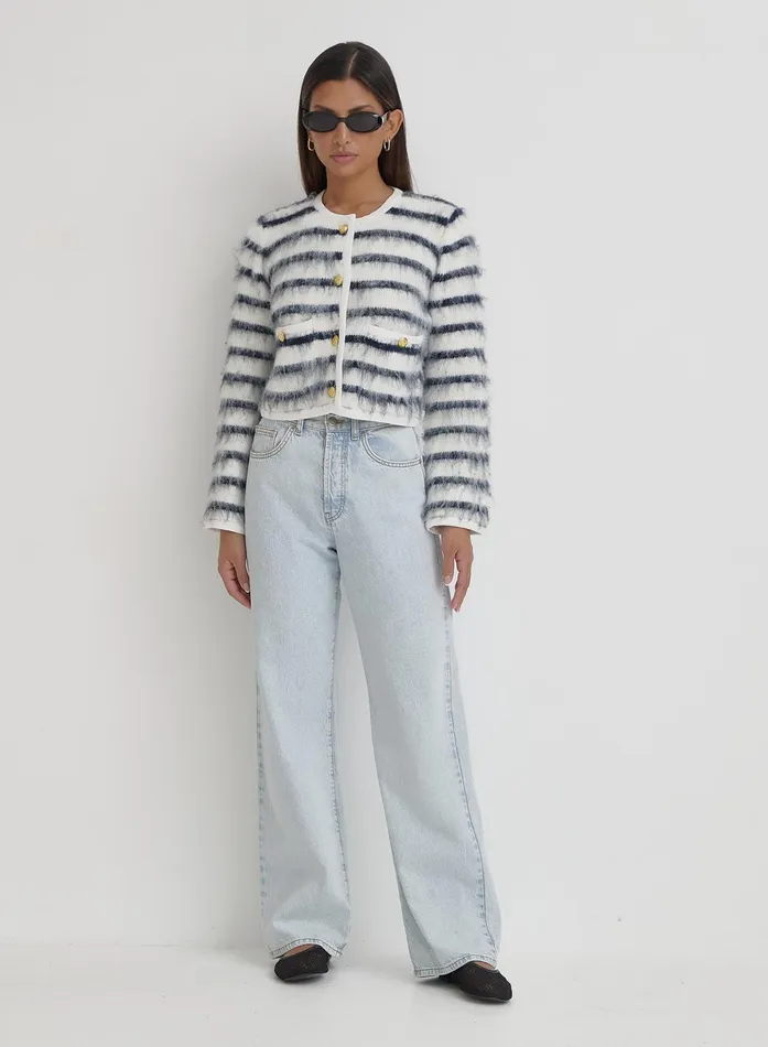 Women Navy And Cream Stripe Cardigan Janae 4th and Reckless Knitwear