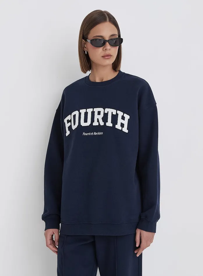 Women Navy Fourth Slogan Classic Longline Sweatshirt Jen 4th and Reckless Hoodies and Sweatshirts