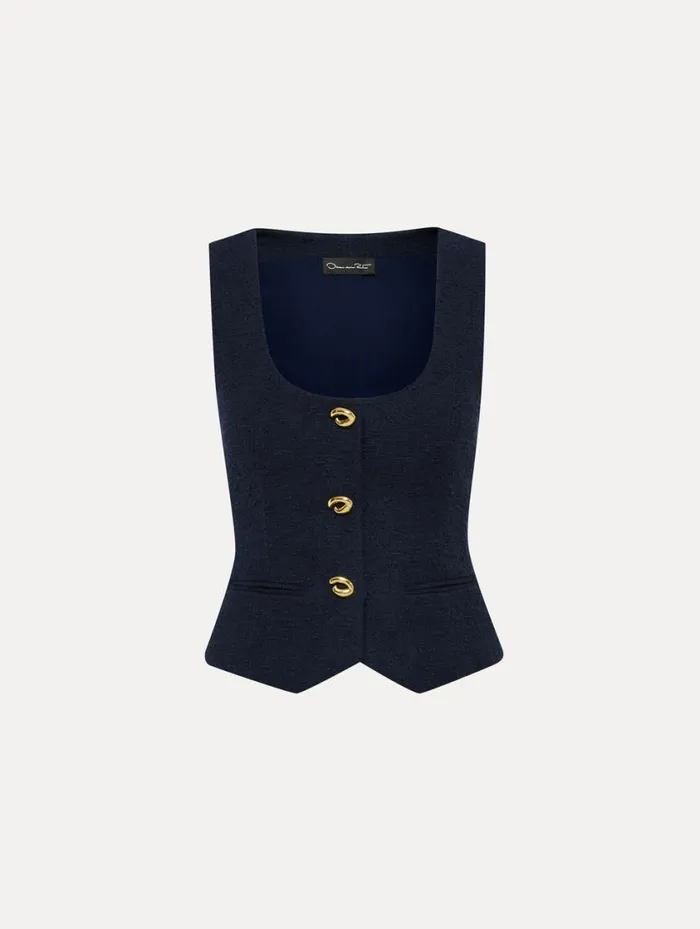 Women O Button Cotton Tweed Vest Navy Oscar De La Renta Jackets and Coats