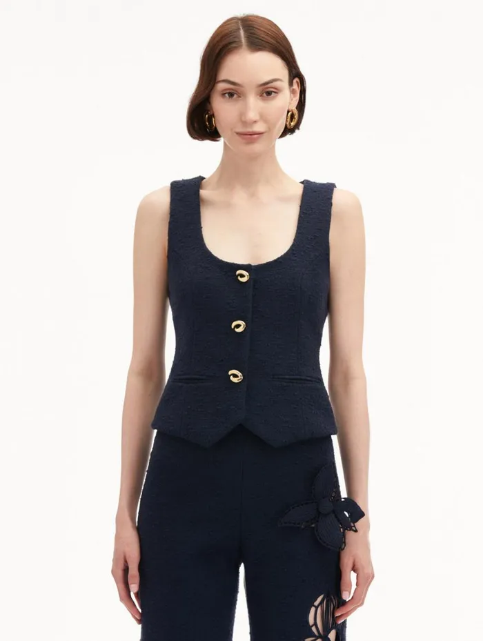 Women O Button Cotton Tweed Vest Navy Oscar De La Renta Jackets and Coats Women O Button Cotton Tweed Vest Navy Oscar De La Renta Jackets and Coats