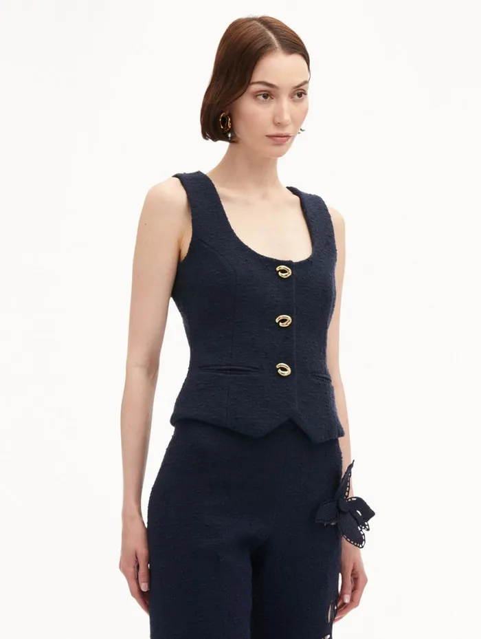 Women O Button Cotton Tweed Vest Navy Oscar De La Renta Jackets and Coats Women O Button Cotton Tweed Vest Navy Oscar De La Renta Jackets and Coats
