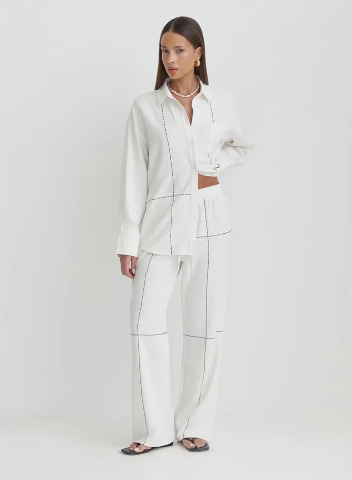 Women Off White Contrast Stitch Linen Trouser Genevive 4th and Reckless Pants
