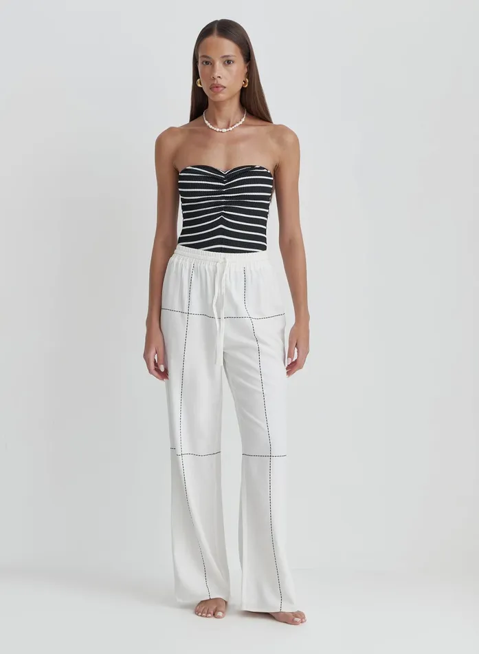 Women Off White Contrast Stitch Linen Trouser Genevive 4th and Reckless Pants