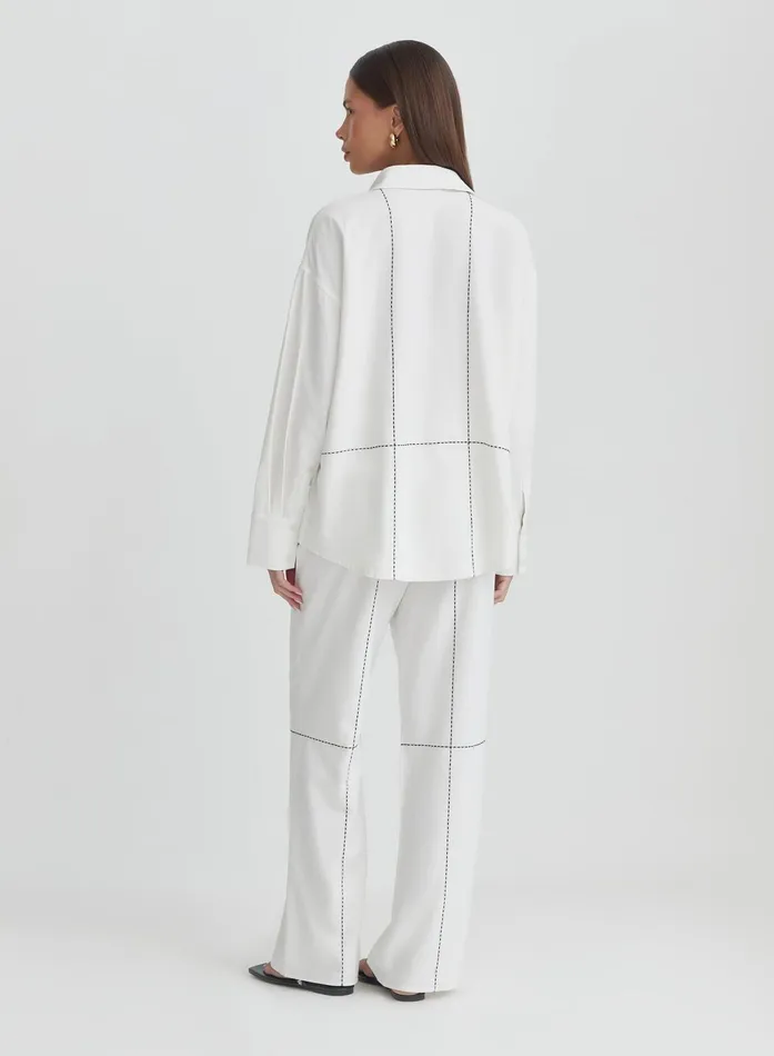 Women Off White Contrast Stitch Linen Trouser Genevive 4th and Reckless Pants
