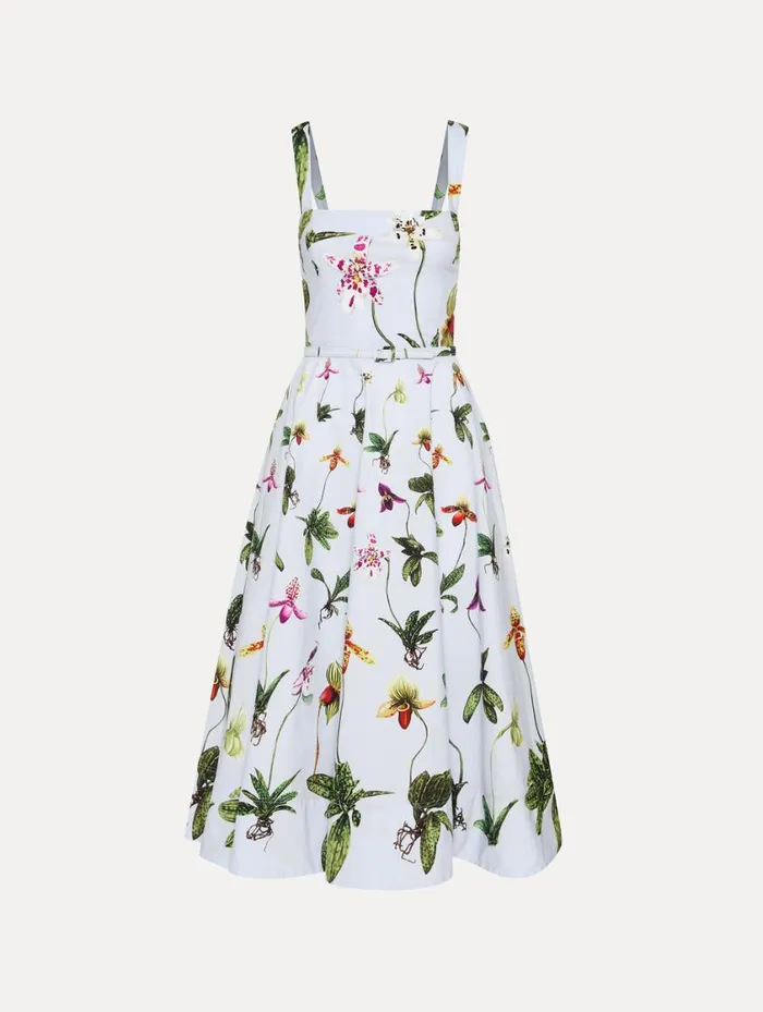 Women Orchid Cotton Poplin Tank Dress Light Blue Multi Oscar De La Renta Dresses