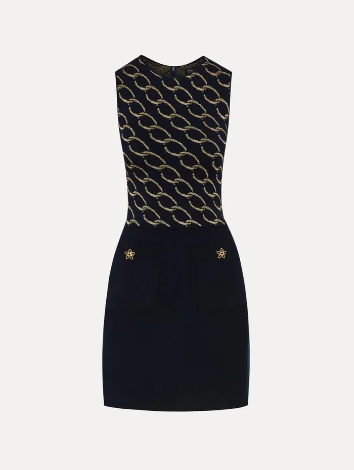 Women Oscar ChainLink Knit Dress Navygold Oscar De La Renta Dresses