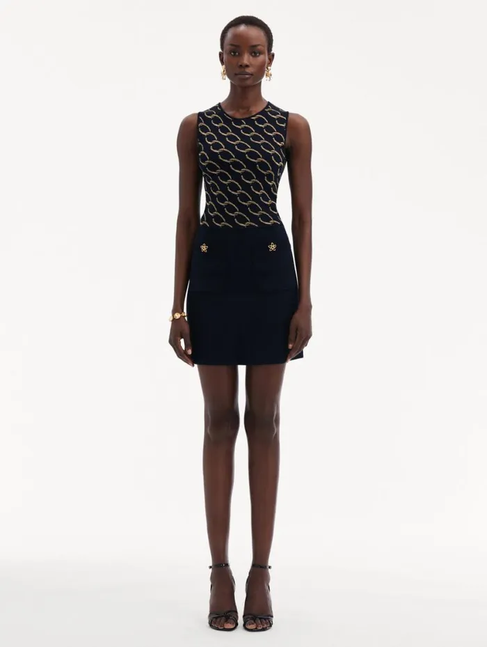 Women Oscar ChainLink Knit Dress Navygold Oscar De La Renta Dresses Women Oscar ChainLink Knit Dress Navygold Oscar De La Renta Dresses