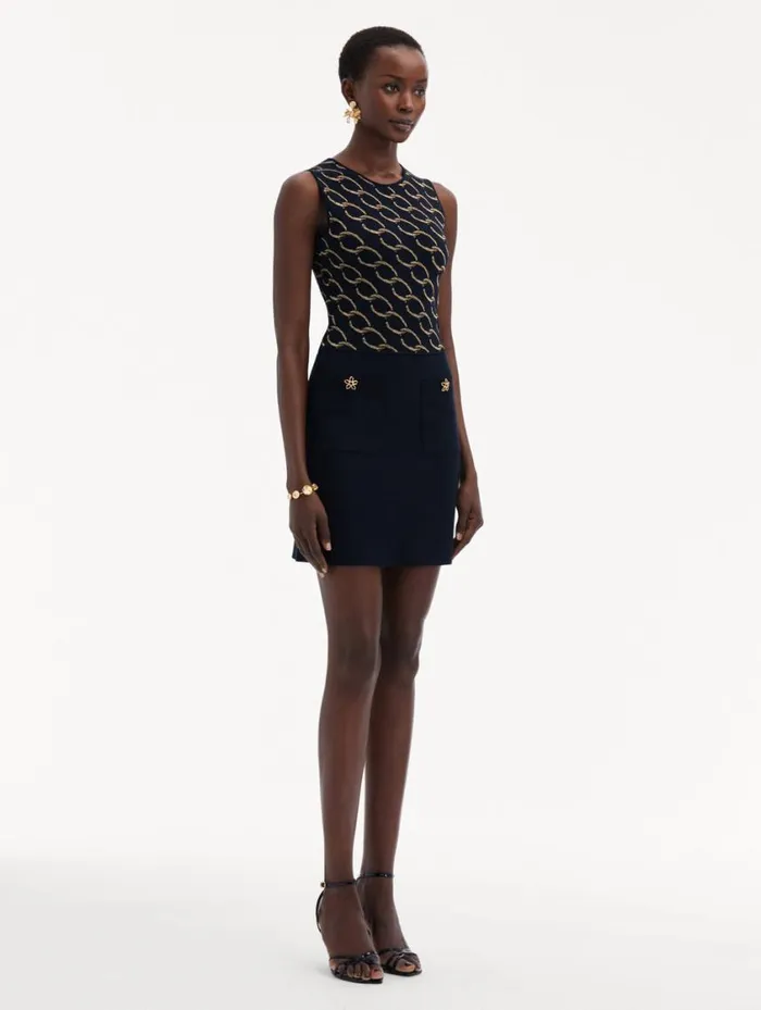 Women Oscar ChainLink Knit Dress Navygold Oscar De La Renta Dresses Women Oscar ChainLink Knit Dress Navygold Oscar De La Renta Dresses