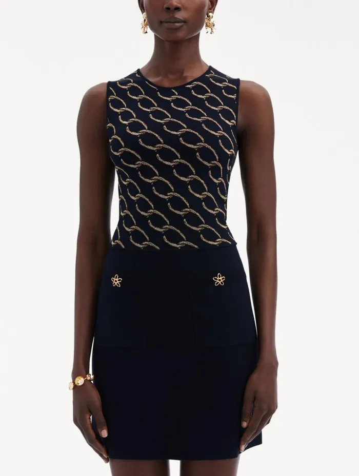 Women Oscar ChainLink Knit Dress Navygold Oscar De La Renta Dresses Women Oscar ChainLink Knit Dress Navygold Oscar De La Renta Dresses