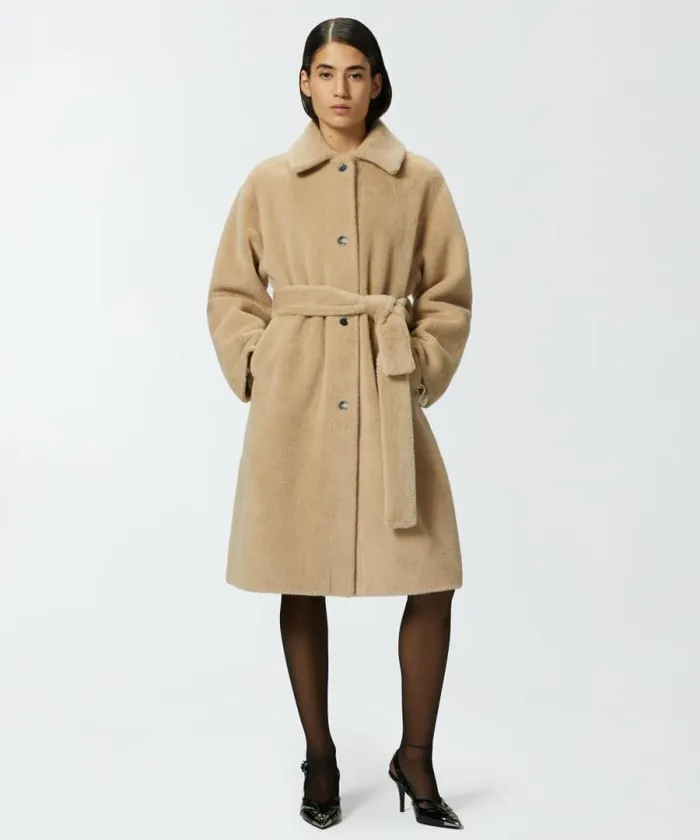 Women Outerwear Pinko Short Fureffect Coat With Belt Nomade Beige