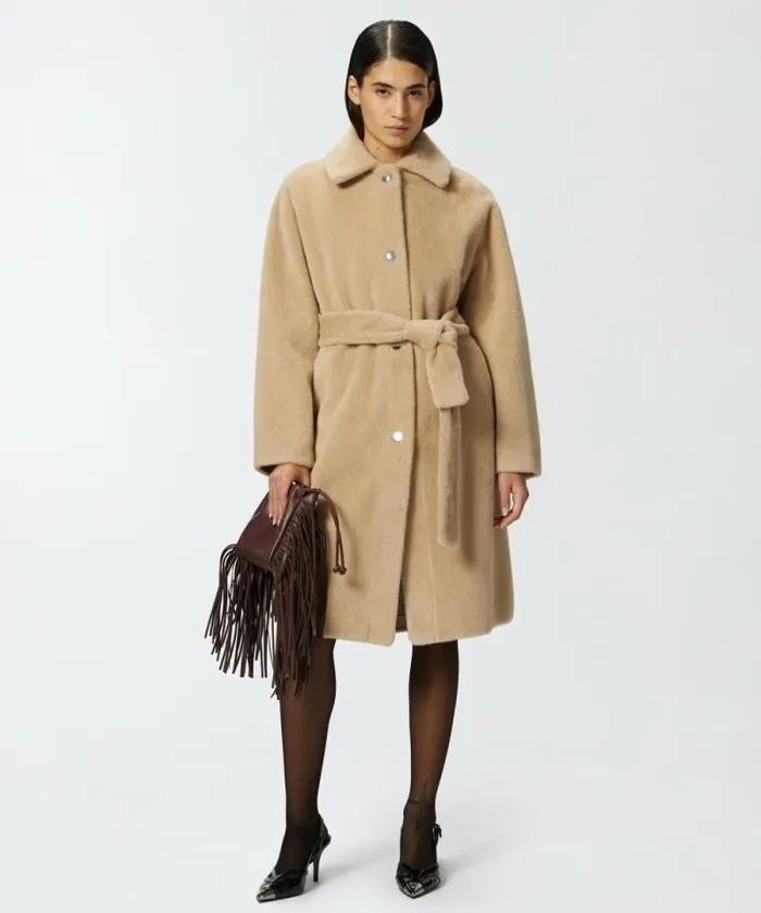 Women Outerwear Pinko Short Fureffect Coat With Belt Nomade Beige Women Outerwear Pinko Short Fureffect Coat With Belt Nomade Beige