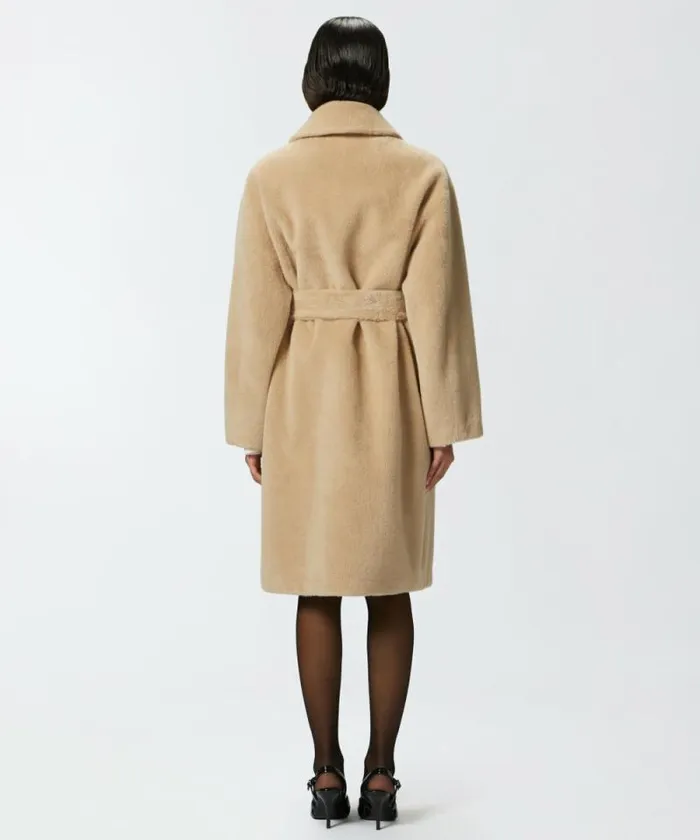 Women Outerwear Pinko Short Fureffect Coat With Belt Nomade Beige Women Outerwear Pinko Short Fureffect Coat With Belt Nomade Beige