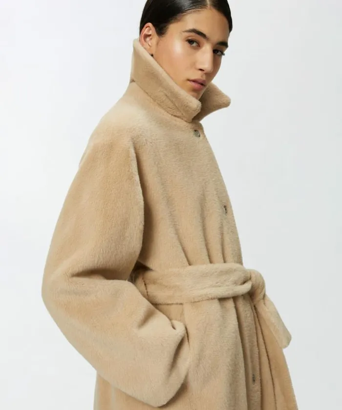 Women Outerwear Pinko Short Fureffect Coat With Belt Nomade Beige Women Outerwear Pinko Short Fureffect Coat With Belt Nomade Beige