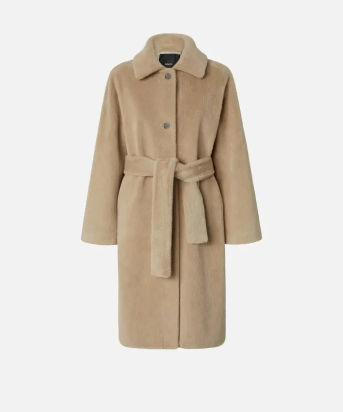 Women Outerwear Pinko Short Fureffect Coat With Belt Nomade Beige Women Outerwear Pinko Short Fureffect Coat With Belt Nomade Beige