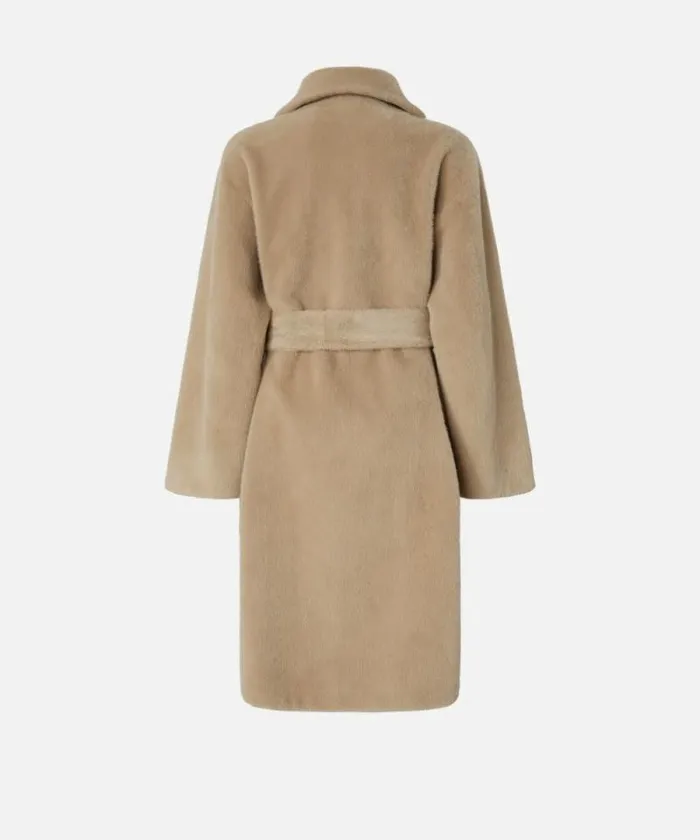 Women Outerwear Pinko Short Fureffect Coat With Belt Nomade Beige Women Outerwear Pinko Short Fureffect Coat With Belt Nomade Beige