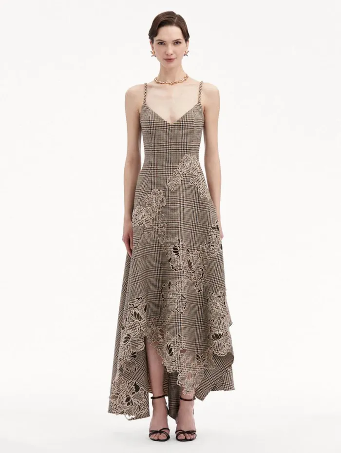 Women Peony Guipure Appliqu Plaid VNeck Dress Cocoa Multi Oscar De La Renta Dresses Women Peony Guipure Appliqu Plaid VNeck Dress Cocoa Multi Oscar De La Renta Dresses
