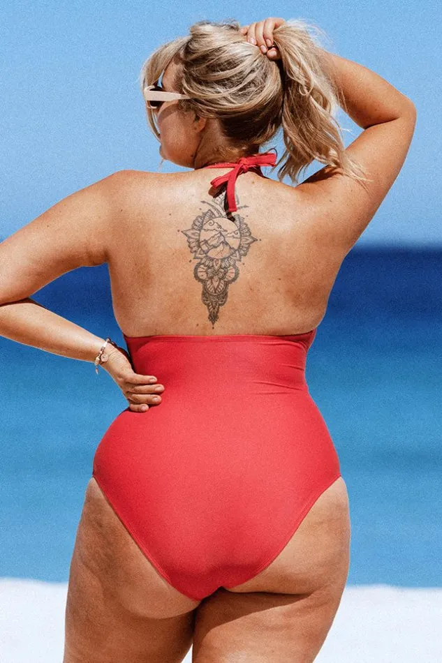 Women Plus Size and Curve Swimsuits Cupshe Joyful Retro High Neck Keyhole Plus Size One Piece Swimsuit Red