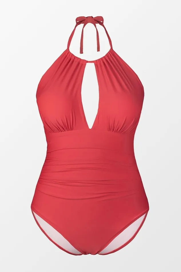 Women Plus Size and Curve Swimsuits Cupshe Joyful Retro High Neck Keyhole Plus Size One Piece Swimsuit Red