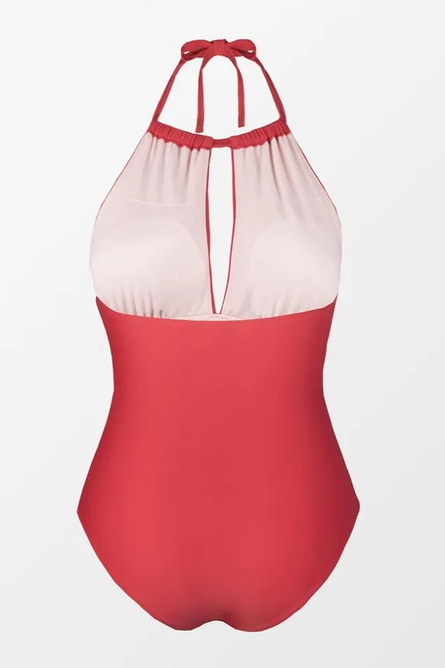 Women Plus Size and Curve Swimsuits Cupshe Joyful Retro High Neck Keyhole Plus Size One Piece Swimsuit Red