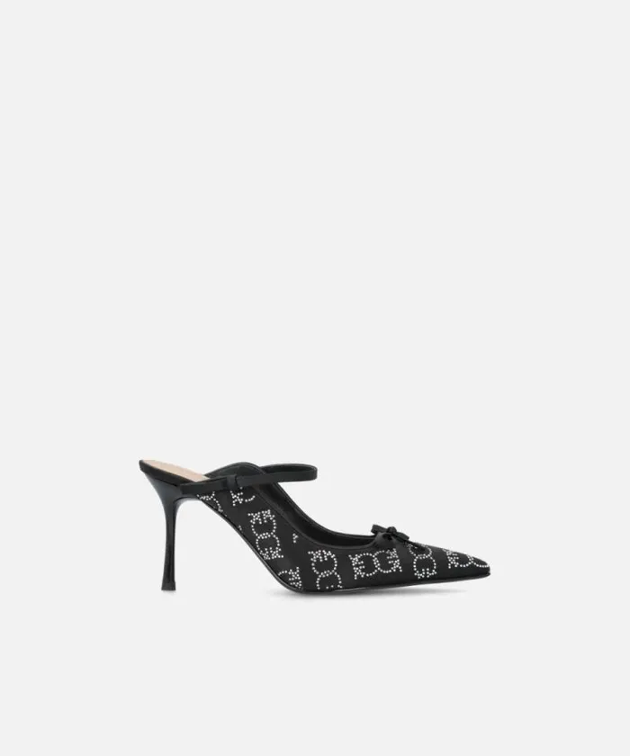 Women Pumps Pinko Rhinestoned Satin Slipons With Heel Limo Black