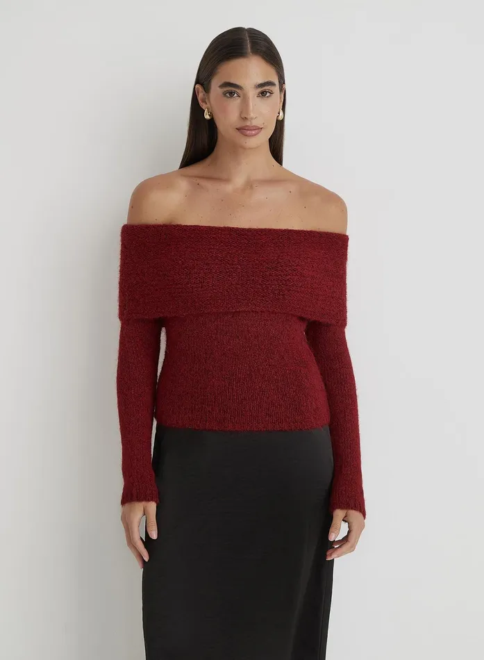 Women Red Knitted Bardot Long Sleeve Top Krissy 4th and Reckless Knitwear